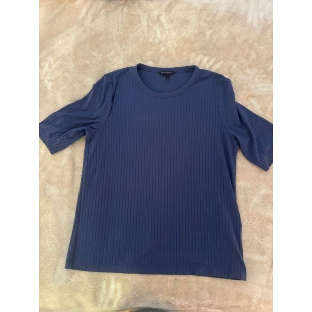 Banana Republic Womens Ribbed Short Sleeve Crew Neck Top Navy Blue Large L